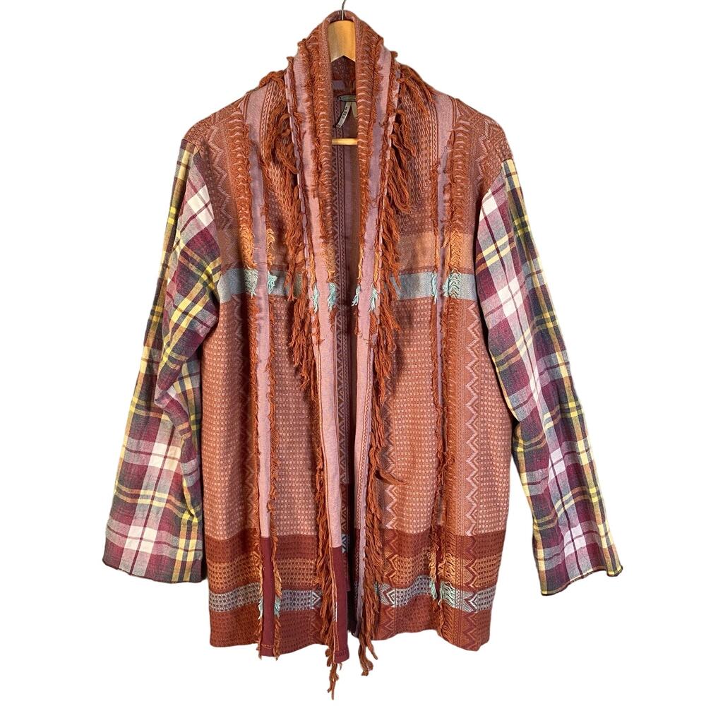 Gimmicks by BKE Open Front Cardigan Women XL Flannel Plaid Fringe Boho Western